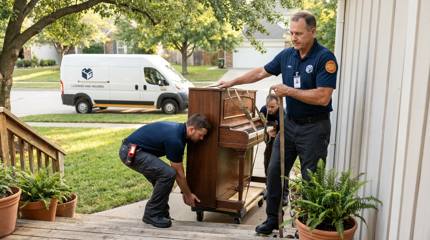 Licensed piano movers securing grand piano in Little Rock, AR