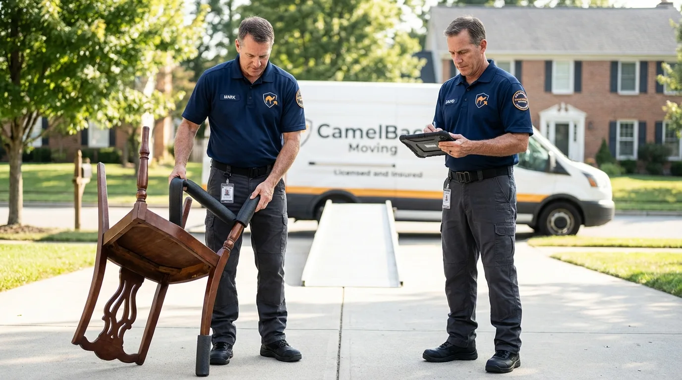 Movers inspecting furniture for damage prevention before loading in Little Rock, AR