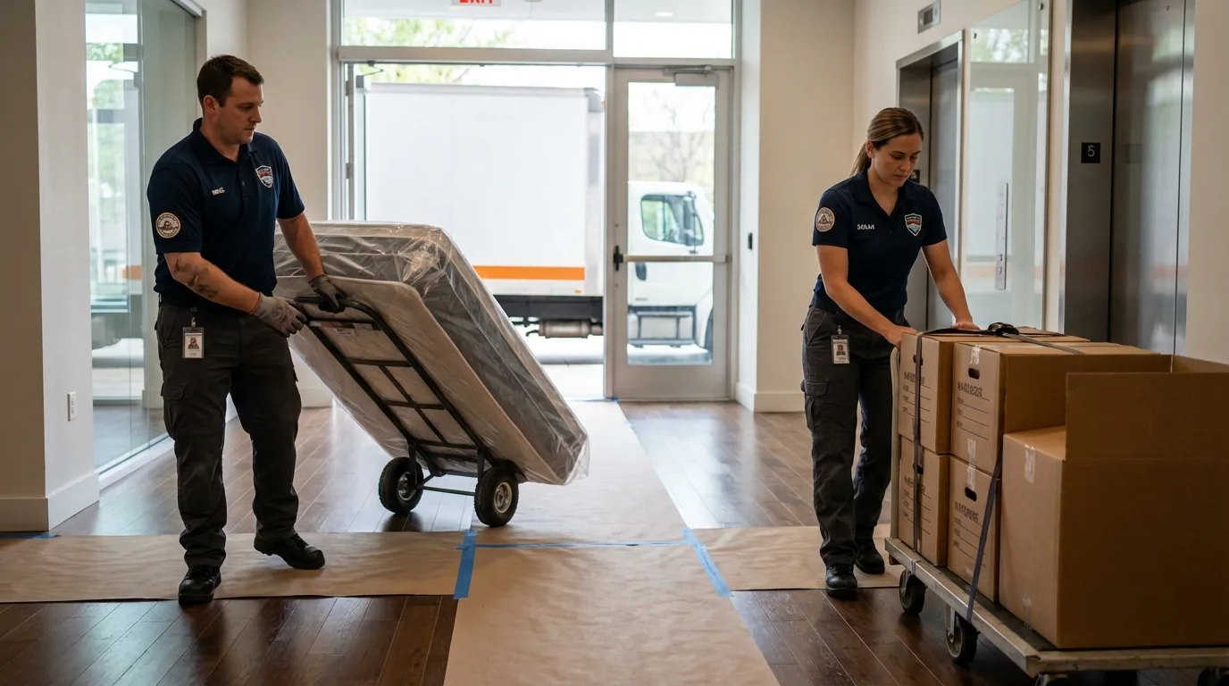 Professional apartment movers loading elevator in Little Rock, AR
